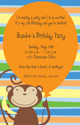 Purple Balloon Monkey Party Invitations