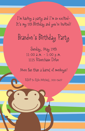 Purple Balloon Monkey Party Invitations