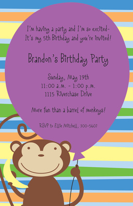 Blue Balloon Monkey Party Invitations