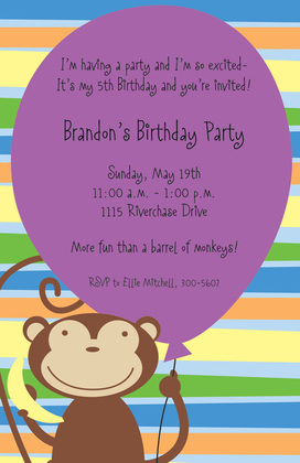 Pink Balloon Monkey Party Invitations