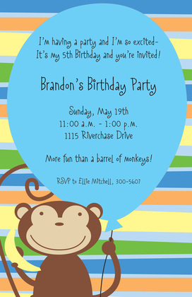 Purple Balloon Monkey Party Invitations