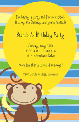 Pink Balloon Monkey Party Invitations